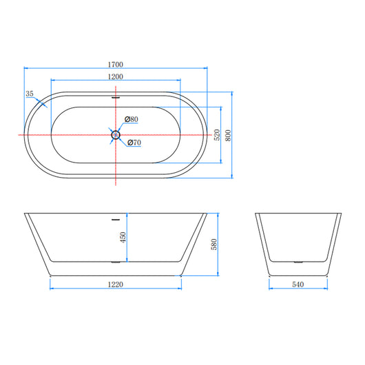Vasca da Bagno a Isola Freestanding in Acrilico da 170x80x58 cm, Colore Bianco, Forma Ovale