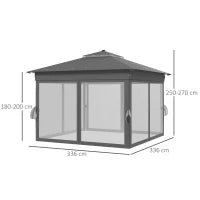 Gazebo da Giardino ad Altezza Regolabile con Luci LED, in Acciaio e tessuto Oxford, 336x336x250-270 cm, Grigio
