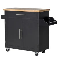 Carrello da Cucina Multiuso con Cassetto, Ruote, Portaspezie e Armadietto, Mobiletto Cucina con Ripiano Regolabile, Portasciugamani e Piano in Legno di Caucciù, 109x40x89 cm, Nero