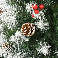 Albero di Natale Innevato Artificiale 180cm con Bacche Rosse e Pigne Bianche, Base Rimovibile Pieghevole, 618 Rami