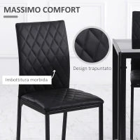 Set 4 Sedie da Pranzo in Finta Pelle con Cuciture a Rombi e Gambe in Metallo, Nero
