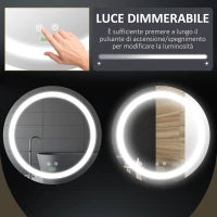 kleankin Specchio Bagno Rotondo con Luce LED Regolabile e Funzione Anti Appannamento, Ø50cm