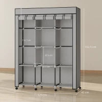 Armadio in tessuto, con 8 ripiani e 2 barre appendiabiti, Grigio