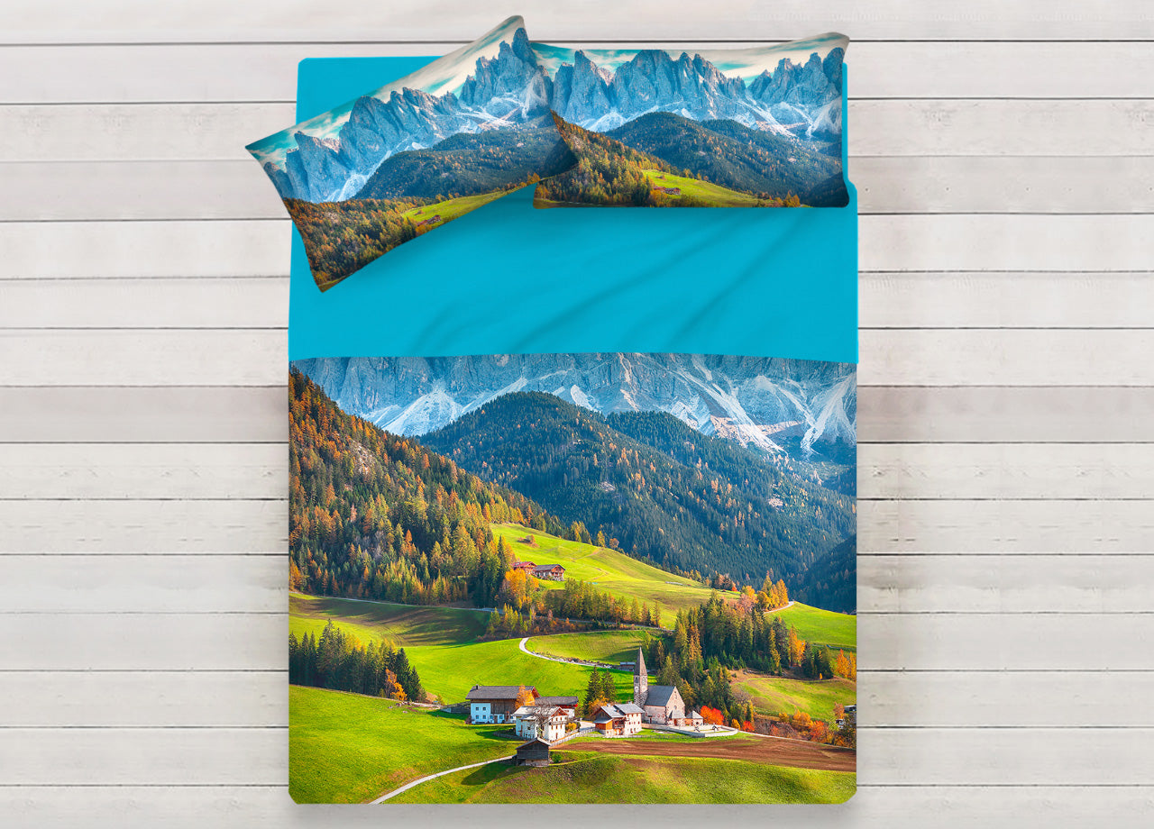 Lenzuola Copriletto Letto Sogni D'oro 100% Cotone Disegno Mountain D71 - Singolo - Mountain D71