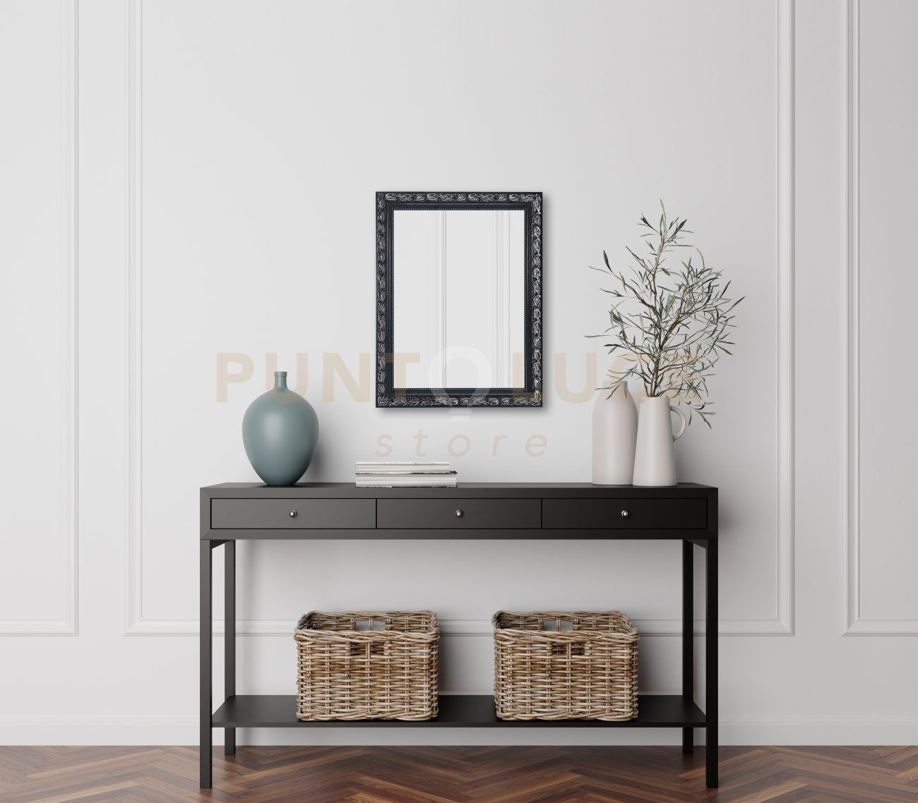 TANJA SPECCHIO DA PARETE CON CORNICE LAVORATA CON GANCI X INSTALLAZIONE ORIZZONTALE E VERTICALE 55X70CM NERO ARGENTO