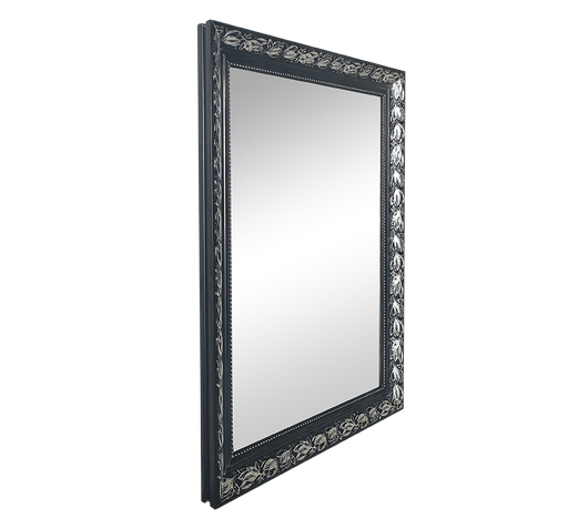 TANJA SPECCHIO DA PARETE CON CORNICE LAVORATA CON GANCI X INSTALLAZIONE ORIZZONTALE E VERTICALE 55X70CM NERO ARGENTO