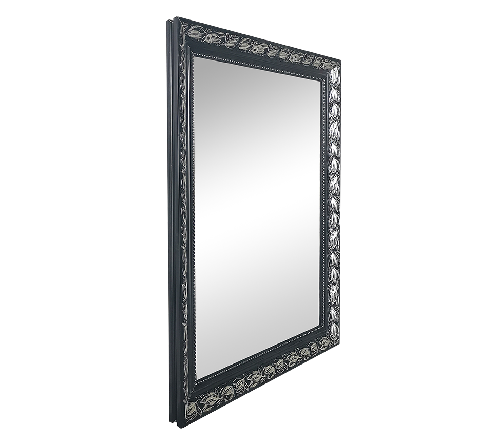 TANJA SPECCHIO DA PARETE CON CORNICE LAVORATA CON GANCI X INSTALLAZIONE ORIZZONTALE E VERTICALE 55X70CM NERO ARGENTO