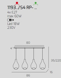 SOSP. BIANCO 4 LUCI RETTANGOLARE VETRI PICCOLI (2 TRASPARENTE+2 FUME') 1193BI-S4 RP-TF