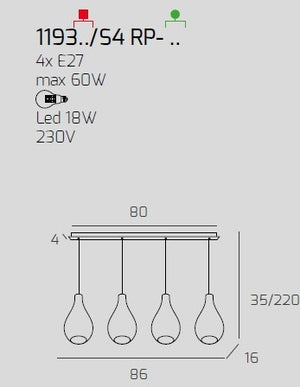 SOSP. BIANCO 4 LUCI RETTANGOLARE VETRI PICCOLI (2 TRASPARENTE+2 FUME') 1193BI-S4 RP-TF