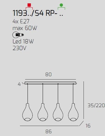 SOSP. BIANCO 4 LUCI RETTANGOLARE VETRI PICCOLI (2 TRASPARENTE+2 FUME') 1193BI-S4 RP-TF