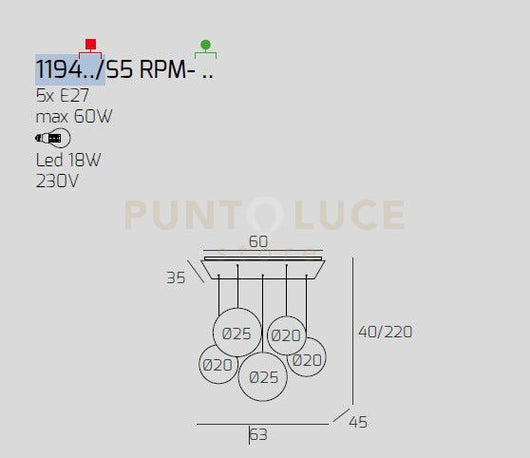 SOSP. BIANCO 5 LUCI RETTANGOLARE VETRI (2 PICCOLI FU+1 PICCOLO BR+1 MEDIO FU+1 MEDIO BR) 1194BI-S5 RPM-FB