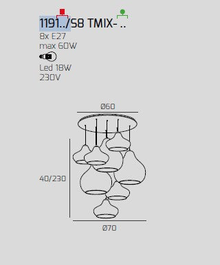 SOSP. BIANCO 8 LUCI TONDA VETRI (5 X PICCOLO + 3 X GRANDE) TUTTI ZAFFIRO 1191BI-S8 TMIX-ZA