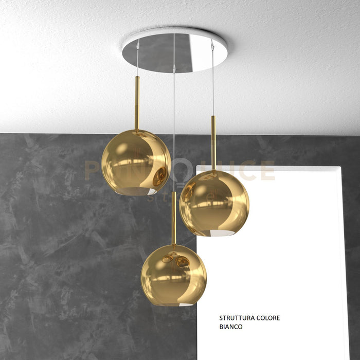 SOSP. BIANCO TONDA 3 LUCI VETRI TUTTI GRANDE ORO 1155BI-S3 TG-OR