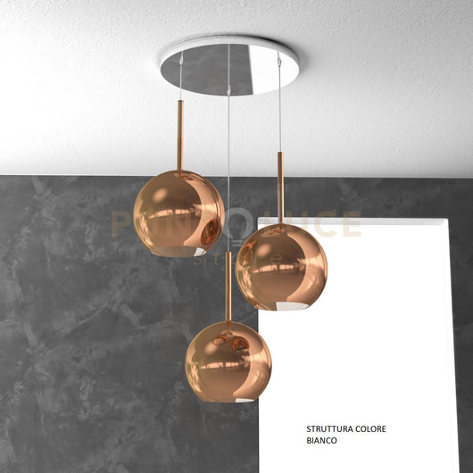 SOSP. BIANCO TONDA 3 LUCI VETRI TUTTI GRANDE RAME 1155BI-S3 TG-RA