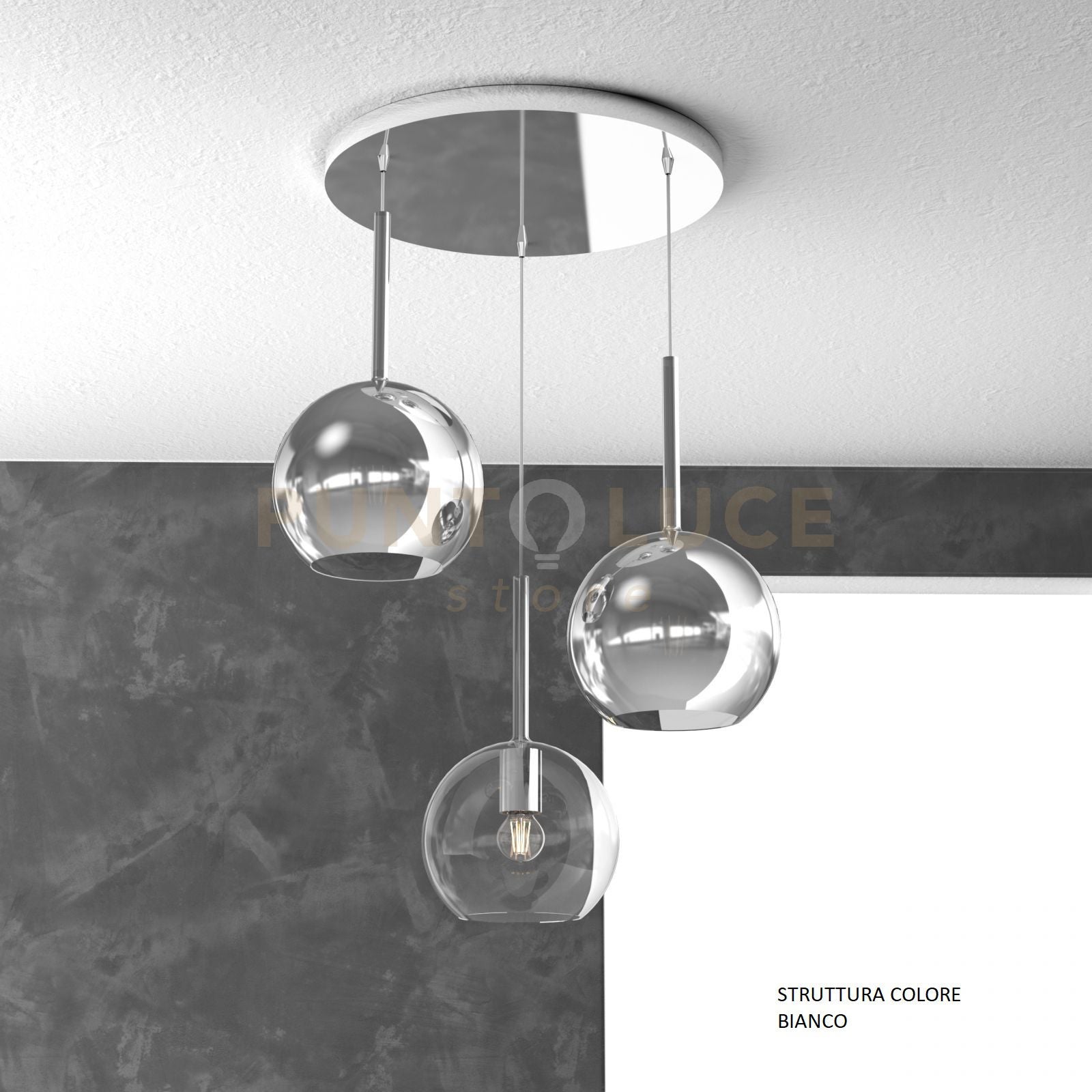 SOSP. BIANCO TONDA 3 LUCI VETRI TUTTI MEDIO (1 X TRASPARENTE + 2 X CROMO) 1155BI-S3 TM-TC