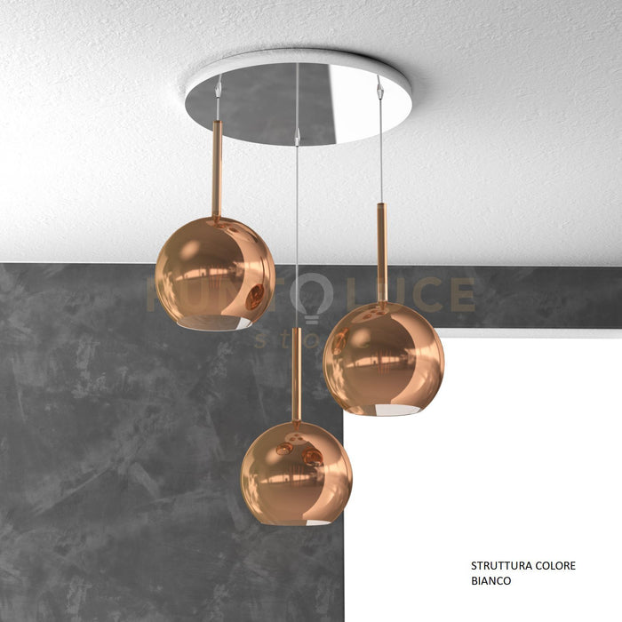 SOSP. BIANCO TONDA 3 LUCI VETRI TUTTI MEDIO RAME 1155BI-S3 TM-RA