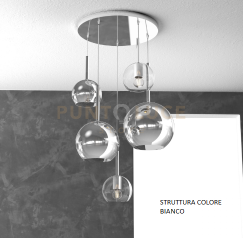 SOSP. BIANCO TONDA 5 LUCI VETRI (1 GRANDE CR+1 MEDIO CR+3 PICCOLO (1X CR+2X TR)) 1155BI-S5 TMIX-TC