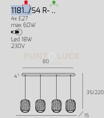 SOSPENSIONE BIANCO 4 LUCI RETTANGOLARE VETRI 2X TR + 2X FU 1181BI-S4 R-TF
