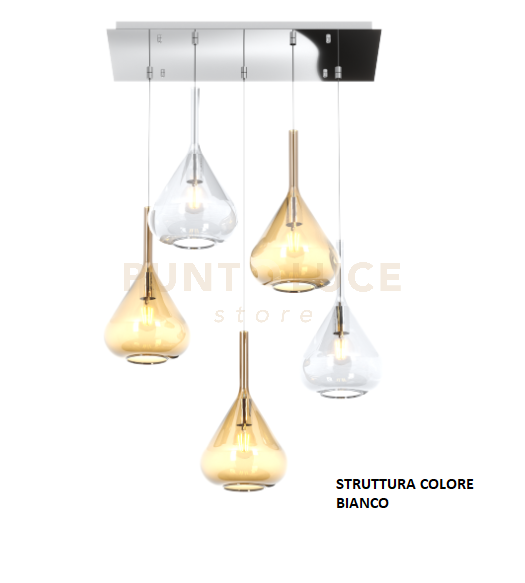 SOSPENSIONE BIANCO 5 LUCI RETTANGOLARE VETRI 2X TR + 3X AM 1177BI-S5 R-TA