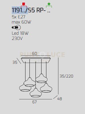 SOSPENSIONE BIANCO 5 LUCI RETTANGOLARE VETRI (3 X PICCOLO AM + 2 X PICCOLO RU) 1191BI-S5 RP-AR