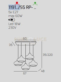 SOSPENSIONE BIANCO 5 LUCI RETTANGOLARE VETRI (3 X PICCOLO AM + 2 X PICCOLO RU) 1191BI-S5 RP-AR