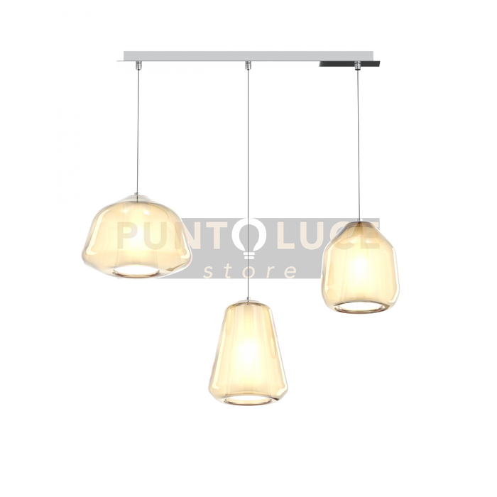 SOSPENSIONE CROMO 3 LUCI RETTANGOLARE VETRI ALPHA + BETA + GAMMA AMBRA 1176CR-S3 R ABG-AM