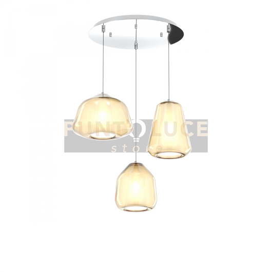 SOSPENSIONE CROMO 3 LUCI TONDA VETRI ALPHA + BETA + GAMMA AMBRA 1176CR-S3 T ABG-AM