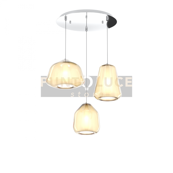 SOSPENSIONE CROMO 3 LUCI TONDA VETRI ALPHA + BETA + GAMMA AMBRA 1176CR-S3 T ABG-AM