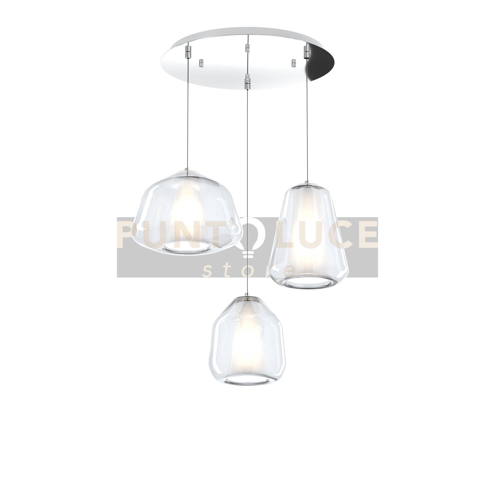 SOSPENSIONE CROMO 3 LUCI TONDA VETRI ALPHA + BETA + GAMMA TRASPARENTI 1176CR-S3 T ABG-TR