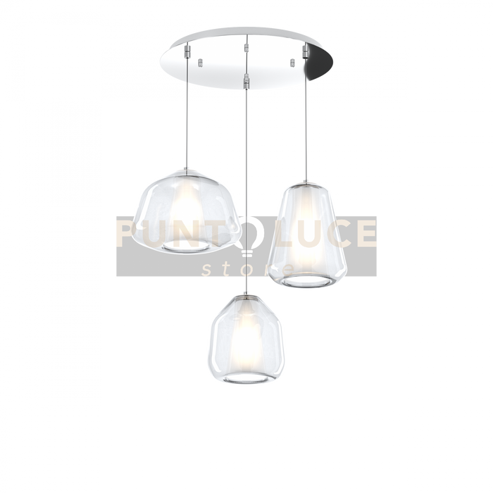 SOSPENSIONE CROMO 3 LUCI TONDA VETRI ALPHA + BETA + GAMMA TRASPARENTI 1176CR-S3 T ABG-TR