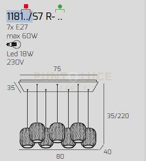 SOSPENSIONE CROMO 7 LUCI RETTANGOLARE VETRI 3X TR + 4X FU 1181CR-S7 R-TF