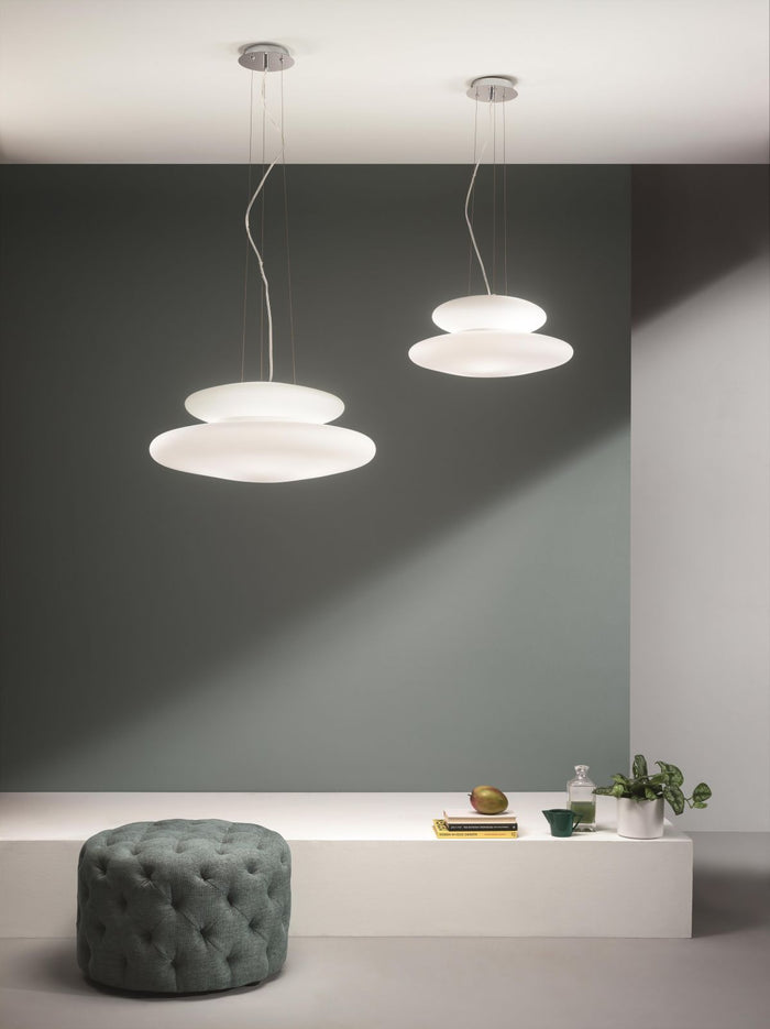 SOSPENSIONE PAGODA D.60CM 5+2 LUCI ATTACCO E27 ALTEZZA 25CM MAX 100CM CROMO E BIANCO