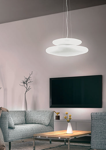 SOSPENSIONE PAGODA D.60CM 5+2 LUCI ATTACCO E27 ALTEZZA 25CM MAX 100CM CROMO E BIANCO