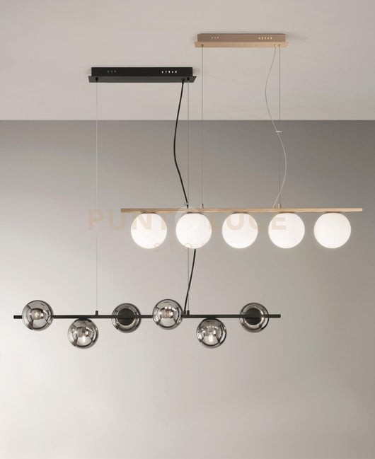 SOSPENSIONE MONILE 6 LUCI ATTACCO E14 NERO E VETRI FUME' L.120CM