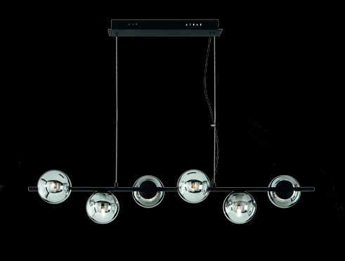 SOSPENSIONE MONILE 6 LUCI ATTACCO E14 NERO E VETRI FUME' L.120CM