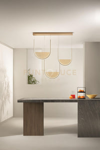 SOSPENSIONE LOTUS 3 ORO CON VETRO AMBRA L.40+44+36CM LED 3000K 4200LM 70W DIMMERABILE BASE RETTANGOLARE