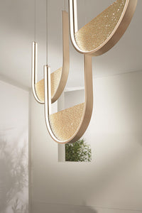 SOSPENSIONE LOTUS 3 ORO CON VETRO AMBRA L.40+44+36CM LED 3000K 4200LM 70W DIMMERABILE BASE RETTANGOLARE