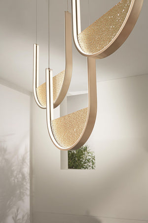 SOSPENSIONE LOTUS 3 ORO CON VETRO AMBRA L.40+44+36CM LED 3000K 4200LM 70W DIMMERABILE BASE RETTANGOLARE