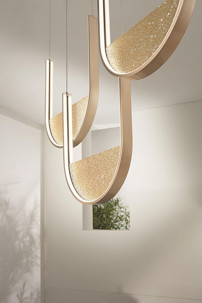SOSPENSIONE LOTUS 3 ORO CON VETRO AMBRA L.40+44+36CM LED 3000K 4200LM 70W DIMMERABILE BASE RETTANGOLARE