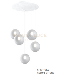 SOSPENSIONE OTTONE SAT. 5 LUCI TONDA VETRI BIANCO FOG 1184OS-S5 T-BF
