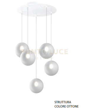 SOSPENSIONE OTTONE SAT. 5 LUCI TONDA VETRI BIANCO FOG 1184OS-S5 T-BF