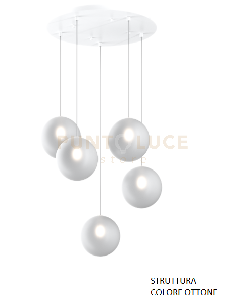 SOSPENSIONE OTTONE SAT. 5 LUCI TONDA VETRI BIANCO FOG 1184OS-S5 T-BF