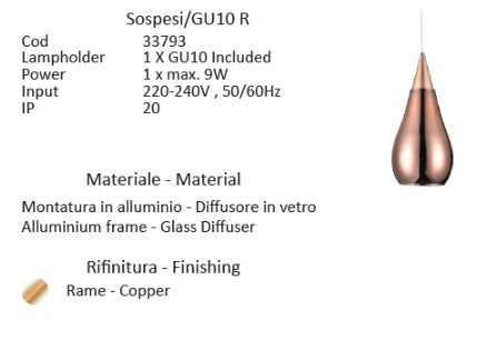 SOSPESI-GU10 R Sospensione vetro 1 luce color rame attacco GU10 diam.10cm senza base h.23cm