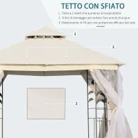 Gazebo da Giardino 3x3m con Zanzariera, Telaio in Acciaio e Doppio Tettuccio, Bianco