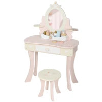 Set Toeletta con Specchio e Sgabello in Legno 2 in 1 per Bambini con 7 Accessori Inclusi, Rosa