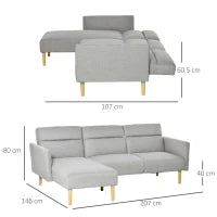 Divano Letto 3 Posti, Divano Angolare in Tessuto Grigio con Schienale Regolabile, Stile Scandinavo, 207x146x80cm