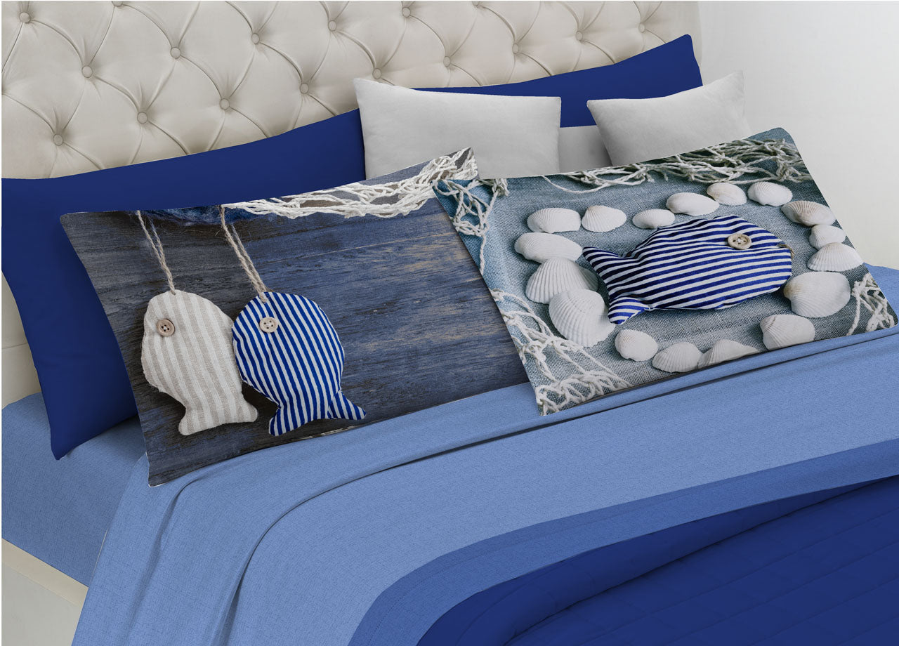 Completo Lenzuola In 100% Cotone Linea Digitale Spin-Off Disegno Pescetti Shabby