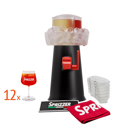 SPRIZZER Kit completo Sprizzer Nero con 12 bicchieri, sacca rossa resistente, 6 vaschette Aperibox durevoli e tappetino antiscivolo. Il set completo di Sprizzer.