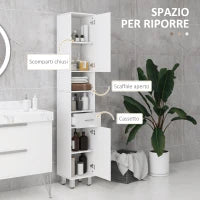 kleankin Colonna Bagno con Cassetto, 2 Ripiani Aperti e 2 Armadietti a 2 Livelli, in Legno, 30x30x180 cm, Bianco Lucido