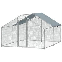 Recinto per Galline da 10.2m² per 10-15 Galline con Tetto Impermeabile, in Acciaio e Tessuto, 3x3.4x1.9 m, Argento